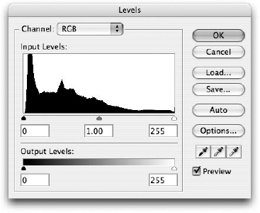 Use the Levels dialog box to map brightness values in the image (Input Levels) to new brightness values (Output Levels).