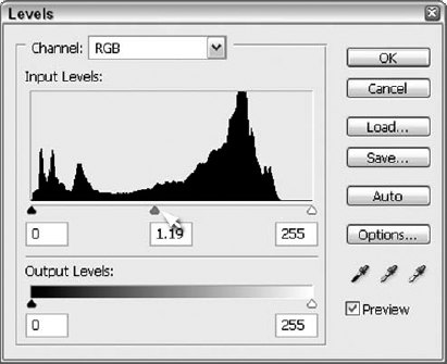 The middle slider under the Histogram controls midtones. Drag it to adjust the middle box, or type a new number in the middle of the three Input Levels boxes and see the slider move to indicate the new midtone level.