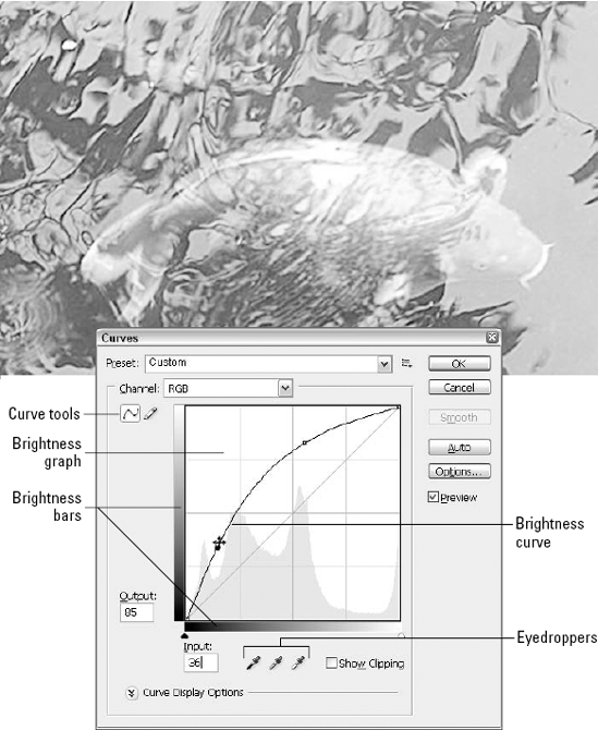 Click the curved line in the Curves dialog box, and drag the line up or down, from one or more points on the line. The brightness in the active photo is thereby adjusted.