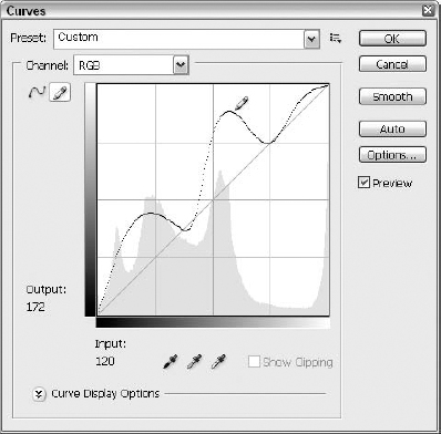 Use the Curves dialog box Pencil tool to draw free-form lines in the brightness graph. If the lines end up jagged or spiky, you can soften them by clicking Smooth.