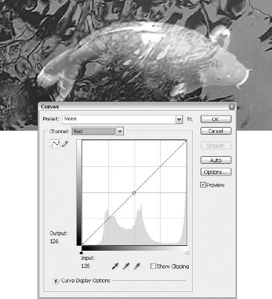 Use the standard eyedropper cursor (the first of the three buttons) to locate a color in the brightness graph. Click with one of the Eyedropper tools from the Curves dialog box to map the color of that pixel in the graph. You then can edit the location of the point in the graph by dragging it.