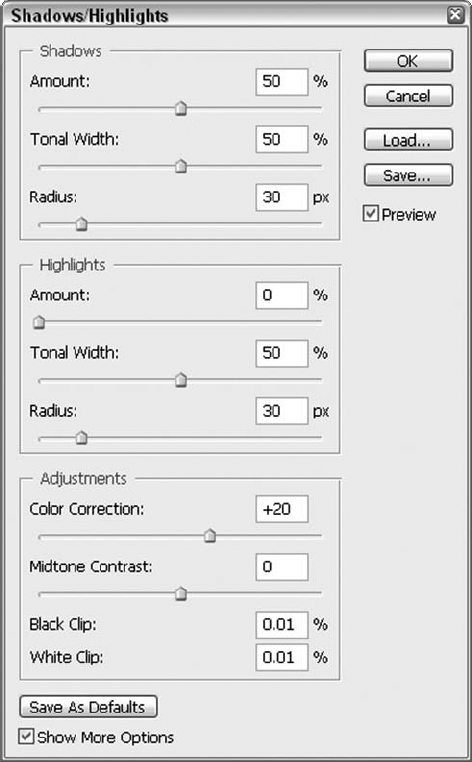 The Shadow/Highlight dialog box lets you correct exposure problems in specific areas of an image without harming other areas.