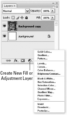 The Fill and Adjustment Layer menu offers three Fill options and 14 Adjustment Layer choices.