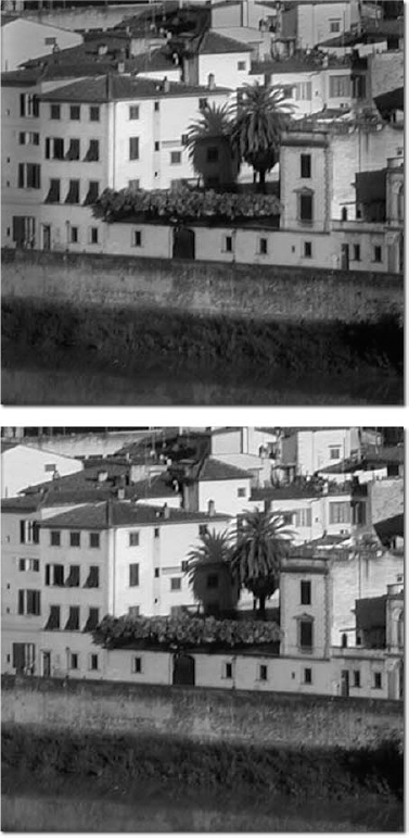 The top image shows typical vignetting, where the edges of the image are darker than the center. Adjusting the Vignetting Amount and Vignetting Midpoint sliders can fix the problem handily, as shown in the bottom image.