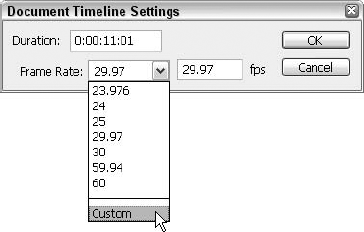 Set the duration and frame rate for your video or animation with the Document Timeline Settings dialog box.
