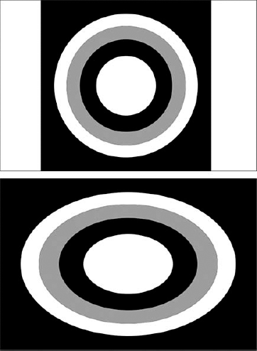 Compare the circle in a NTSC DV 720×480 file when viewed on a computer monitor (square pixel) with Pixel Aspect Ratio Correction turned on (top) and Pixel Aspect Ratio Correction turned off (bottom).