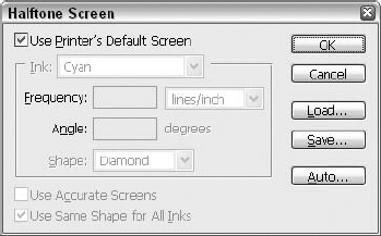 Use the Halftone Screen dialog box to edit the size, angle, and shape of the halftone cells for any one ink.