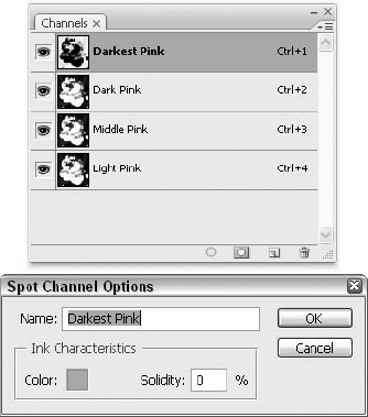 Image Mode Multichannel was chosen to separate a quadtone into four independent spot-color channels, and then the Deep Red channel was double-clicked to access the Spot Channel Options dialog box.