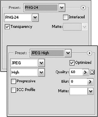 JPEG settings are shown on the bottom and PNG-24 settings at the top.