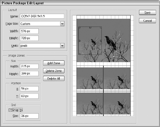 Photoshop gives you total control over the scale and position of the images in a picture package.