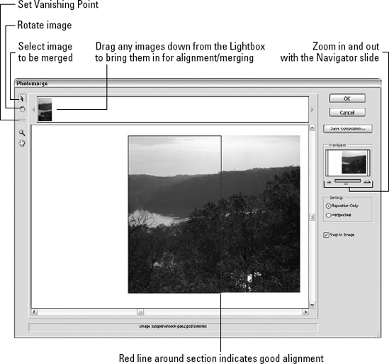 The very large Photomerge dialog box makes every attempt to create a panorama from a group of photographs, but you usually need to manually adjust the images to get the best results.