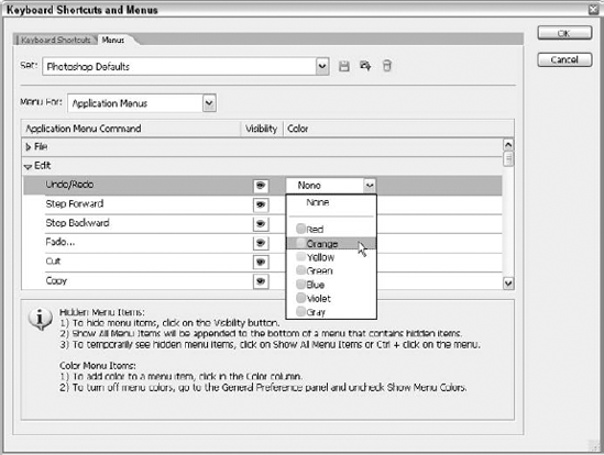 Use the Menus tab in the Keyboard Shortcuts and Menus dialog box to change the visibility and color of any application or palette menu. Directions remind you how at the bottom of the dialog box.