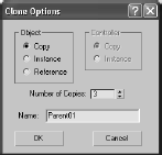 The Clone Options window asks you the type and number of copies to make.