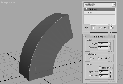 A Bend modifier is applied to a box through the Modify panel.