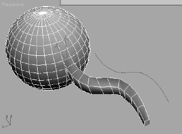 A polygon on this sphere is extruded along a spline path.