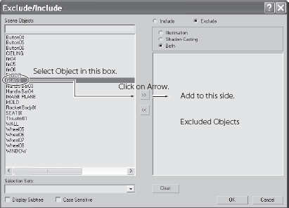 The Exclude/Include window allows you to exclude certain objects from being lit by the light in the scene.