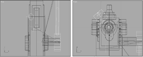 The Top and Front viewports showing the proper placement of the second Super Spray particle emitter