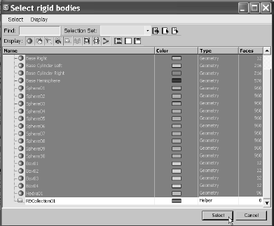 The Select Rigid Bodies dialog box