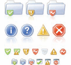 These icons are part of a system developed for NetApp. Note how the different icons incorporate the same elements for similar actions and status indications.