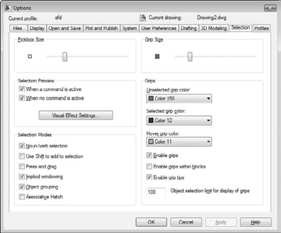 Setting selection options in the Options dialog box.