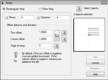 Configure rectangular or polar (circular) arrays in the Array dialog box.