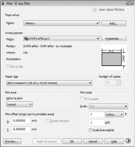 Settings for plotting a paper space layout.