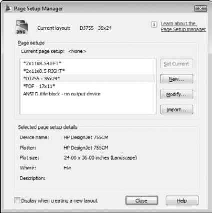The Page Setup Manager dialog box.