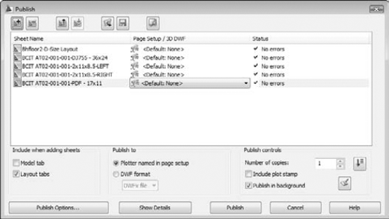 Hot off the presses: AutoCAD's Publish dialog box.