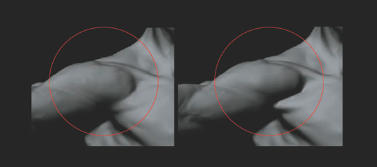 By deepening the furrow next to the deltoid, the character of the shadow changes, changing the feeling of the transition. Notice how the relative darkness of the shadow changes from the clavicle to the arm in the first image. Also note how in the second image this value has now become one consistent value and thus less visually interesting.