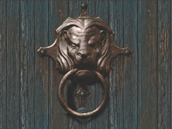 The final 2.5D illustration created in the bonus section on the DVD. By sculpting the lion head knocker as a 3D object and combining it with canvas elements, a complex scene is created.
