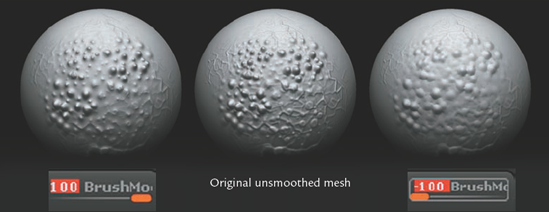 Figure 2.5a: The BrushMod slider determines if the smooth brush affects the recesses or the high points of the sculpted detail. (The center image is the original, unmodified mesh.)