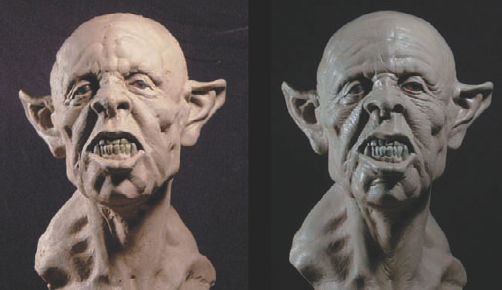 The ogre on the left consists of just the basic forms with prominent rake marks; the right image shows the ogre bust after the rakes have been refined and the surface detailed.