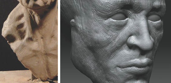 Close-up of rake strokes in water-based clay on the left and ZBrush on the right