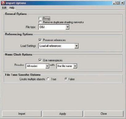 Maya file import option box