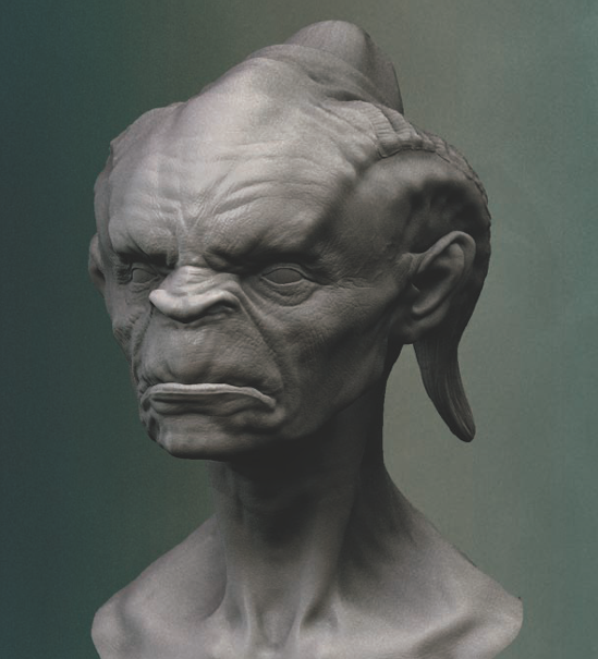 The final detailed Stingerhead character (green material background by ZBrush artist Erklaerbar)
