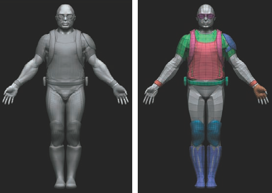 The original ZTool is shown on the left; the proxy posing mesh is on the right. The proxy posing mesh created by Transpose Master is polygrouped for ease of masking and selection.