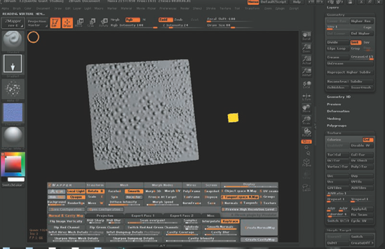 The completed normal map displaying in the ZMapper window. The yellow box is the movable light source in ZMapper.