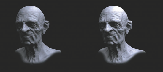 This character head was rendered in mental ray using a displacement map and a cavity map in the diffuse channel. The first image is the render without the cavity map; the second image is with the cavity map.