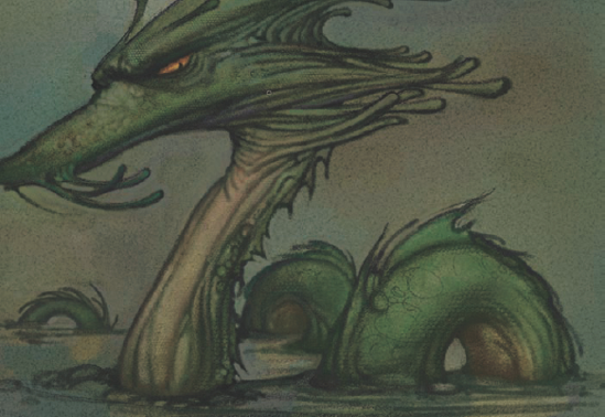 Dark scales are painted onto a new layer over the sea serpent. Larger scales are painted over the body, and smaller scales are painted over the belly and head of the creature.