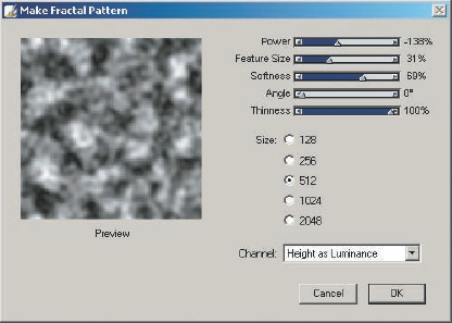 The Make Fractal Pattern box with the settings set to the sliders