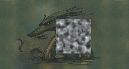 The fractal pattern image is pasted into the sea serpent painting in preparation for transforming it into a fog bank.