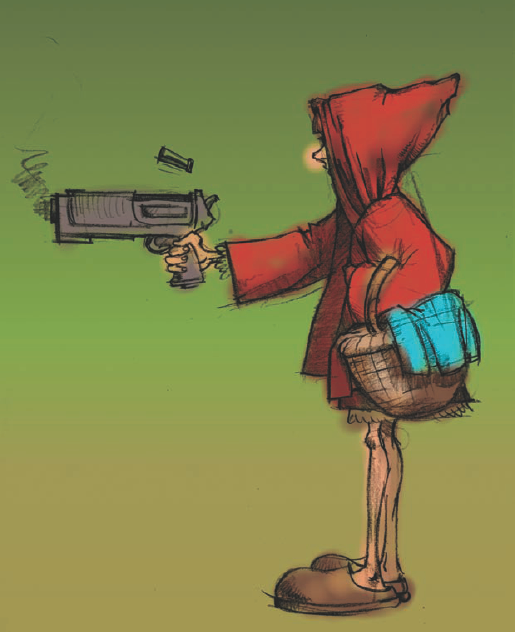 A linear gradient ramping from green at the top to tan at the bottom has filled the background, and the basic colors of Red Riding Hood are painted.