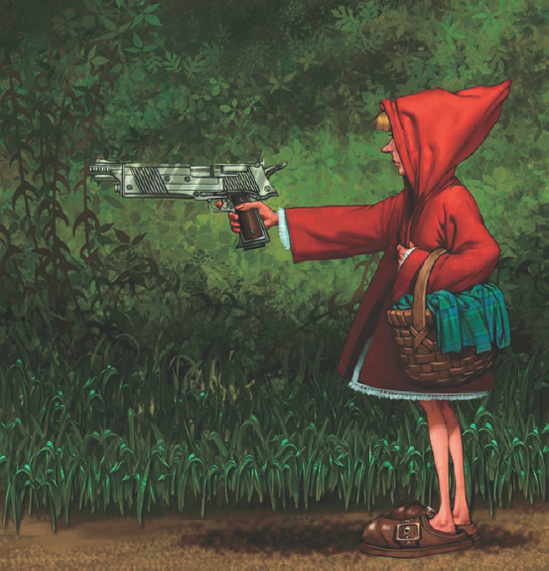 Red Riding Hood, her pistol, and the picnic basket are all painted using Dons brush. A weave pattern has been added over the picnic basket fabric.