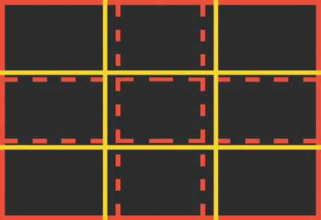 A golden rectangle (red) divided in accordance to the rule of thirds (yellow)