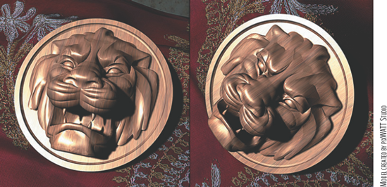 Specular highlights appear at different points on the medallion as the view changes.