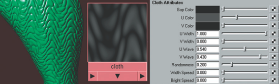 The Cloth texture is adjusted to create scales. This material is included on the CD as cloth_scales.ma.