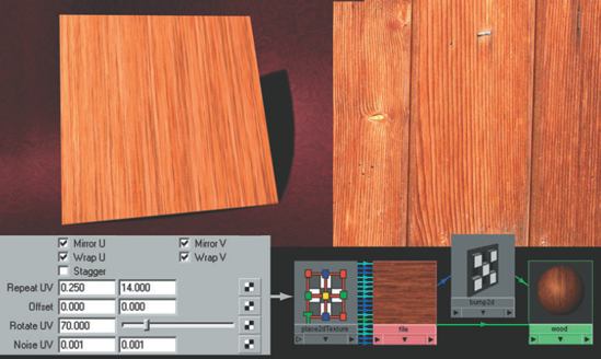 (Top left) 3D wood. (Top right) Reference photo of wood. (Bottom) Wood shading network. This scene is included on the CD as wood.ma.