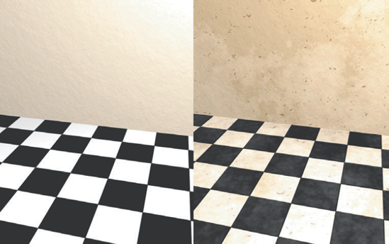 (Left) Set with standard textures. (Right) Same set with the addition of 3D textures to the shading networks. This scene is included on the CD as dirty_set.ma.