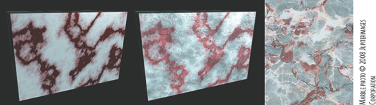 (Left) Marble texture. (Center) Marble texture with other procedural textures mapped to various attributes. (Right) Reference photo of real marble. This scene is included on the CD as marble.ma.