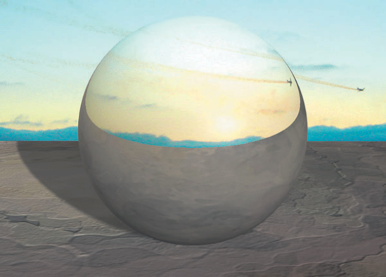 An Env Chrome texture is mapped to the color of a Blinn material, creating a simulated reflection on the surface of the sphere. This scene is included on the CD as chrome_custom.ma.